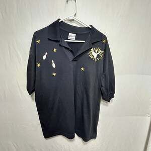 Vintage Print-Ons Bowling Polo Shirt Black Embroidered Stars and Pins Large